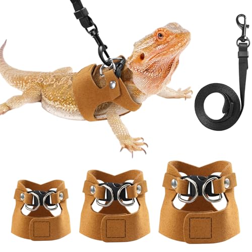 Pawaboo Haustiergeschirr, 3 Leder Bearded Dragon Eidechse Geschirr Hängematte Set Verstellbare Outdoor Harness Leine für Kleine Haustiere Eidechse Reptilien, Braun