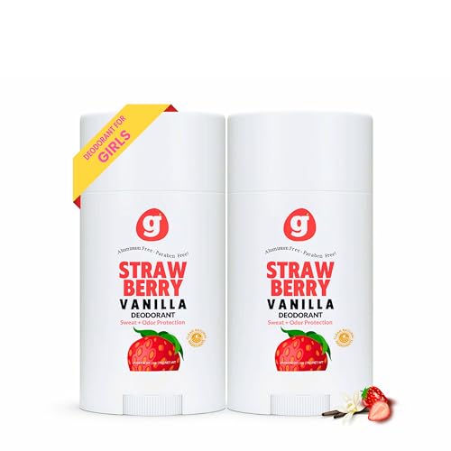 Growing Basics Natural Deodorant for Girls, Safe for Kids and Teens, Hypoallergenic Aluminum-Free, 24-Hour Odor Protection, Organic Non-Toxic High Performance, Strawberry Vanilla. (Set of 2)