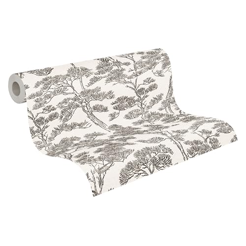 Papel pintado TNT floral blanco negro livingwalls estilo asiático 10m 2