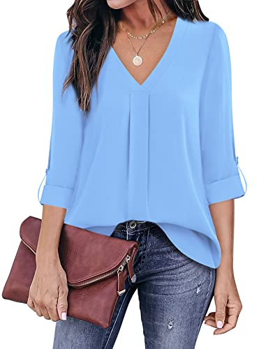 Youtalia Womens Dressy Tops And Blouses, Ladies Chiffon Top Roll Sleeve V Neck Tunic Pleats Curved Hem Soft Comfy Button Down Work Shirts Light Blue Large #TOP1