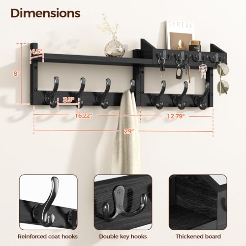 Image of Evermagin 29 inch Coat Rack Wall Mount with Shelf, 4 in 1 Wall Mounted Coat and Key Hanger with 11 Hooks, Entryway Key Holder with Mail Holder for Living Room, Bedroom, Black