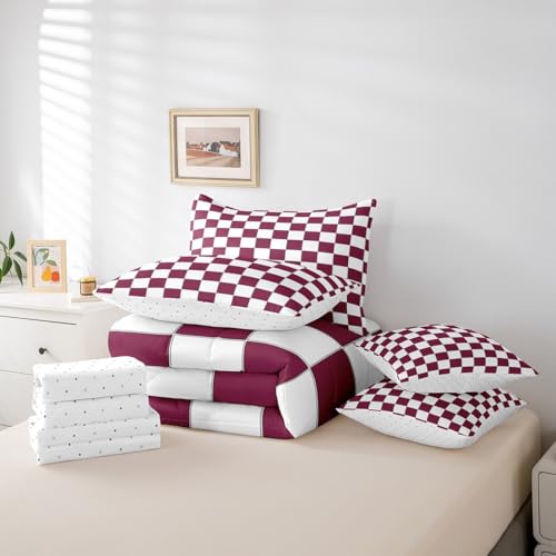 Image of Erosebridal Burgundy Check Plaid Queen Comforter Set with Sheets 7 Piece White Red Checkerboard Bedding Set,Checkered Grid Bed in A Bag for Kids Teen Adults Aesthetic Geometric Bed Set