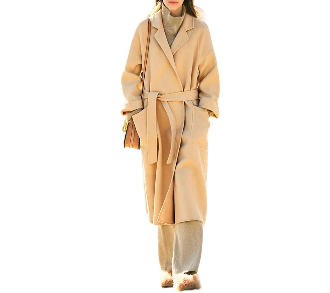 Womens Korean Wool Blazer Belted Blazer Collar Long Coat Winter Blend