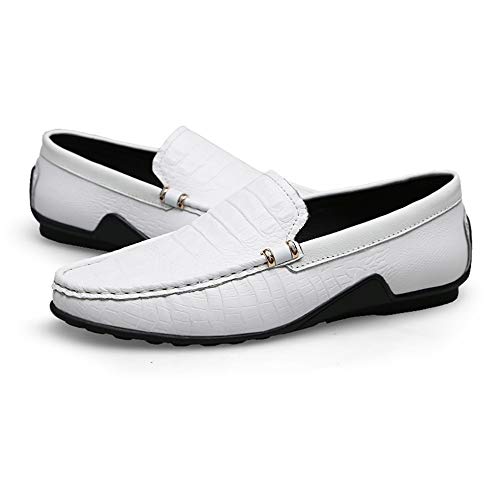 Fashion Embossed Penny Loafers for Men Genuine Leather Lightweight Comfortable Dress Wedding Casual Shoes Anti-Slip Flat Slip-on Round Toe(White,10)3