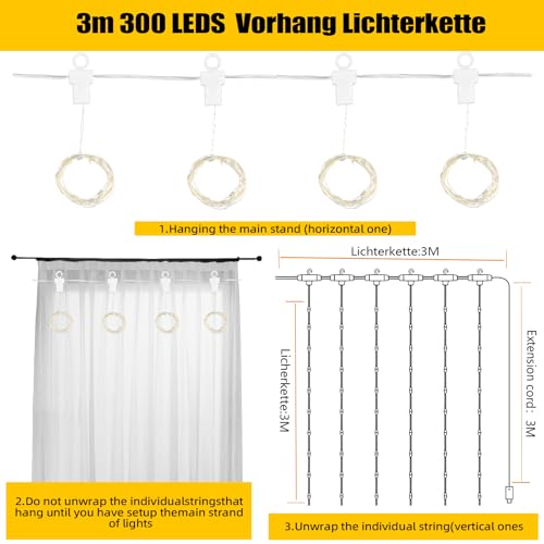 CNMTCCO Curtain Fairy Lights Indoor, 3m x 3m 300 LED Christmas Window Lights USB Powered, Waterfall Hanging String Light Waterproof with 8 Modes&Timer for Bedroom/Wedding/Xmas Decorations, Warm White - Image 2