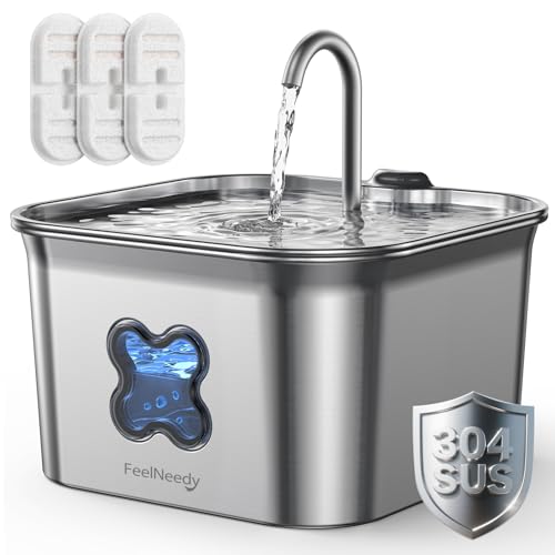 2.8L Cat Water Fountain for Drinking, FEELNEEDY Stainless Steel Pet Water Fountain Cat Bowl with 3 Pack Filters, Visible Water Level, Dishwasher Safe