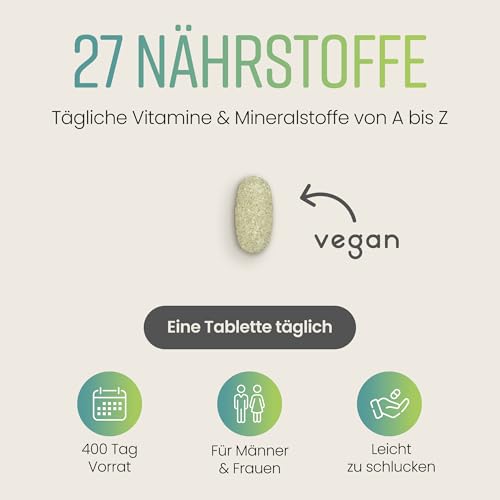 Multivitamin Tabletten Hochdosiert - 400 Tagedosis Vitamine, Mineralien & Ergänzungsmittel A-Z Vitamine + Mineralstoffe | Nahrungsergänzungsmittel Frauen/Männer Vegan Multivitamin Komplex, VitaBright