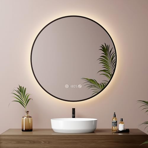 EMKE Runder Spiegel mit Beleuchtung ф60cm LED Badspiegel Schwarzer Rund Badezimmerspiegel mit...