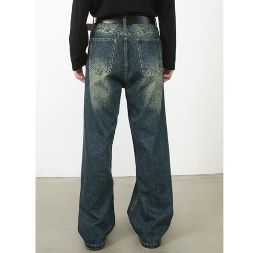Men's Classic Wide-Leg Baggy Jeans Vintage Relaxed Fit Long Denim Pants Elastic Waist Straight Leg Jean (Large,Retro Bluee4)3