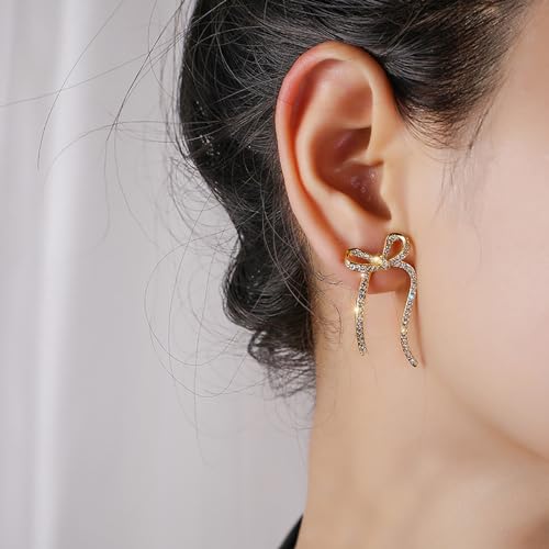 Gold Sparkly Rhinestone Bow Earrings for Women,Long Chain Bowknot Tassel Drop Dangle Earrings Jewelry for Gifts Party,Trendy Crystal Studs Earrings2