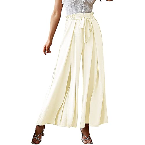 BGKKTLW Pantalones elegantes a rayas de cintura alta con cinturón y pierna ancha para mujer, estilo bohemio, estilo palazzo, beige, XXL