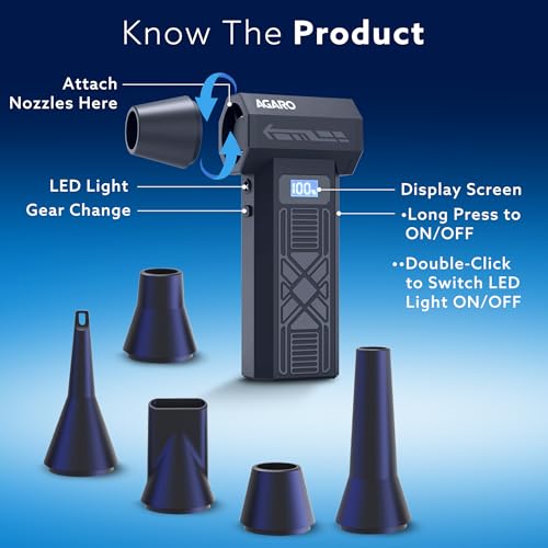 Image of AGARO Electric Air Duster, Powerful 120000 RPM Cordless Mini Blower with 4-Speed Settings, Digital Display & 5200 mAh Battery | Dust Cleaner for Computer, Laptop, Keyboard, Car & Home Cleaning, AD1771