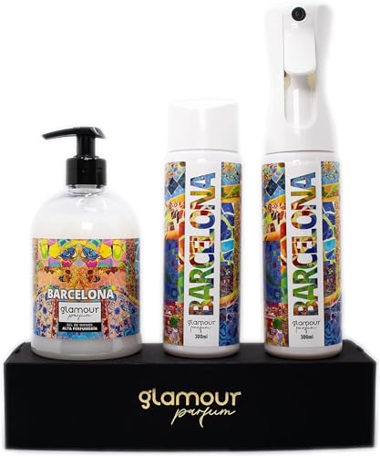 GLAMOUR PARFUM - Pack Ambientador Textil + Recambio 300 ml + Jabón de Manos 500 ml - Ambientador Hogar Barcelona - Aroma Cítrico y Jazmín - para Pulverizar en la Cama o en Cortinas