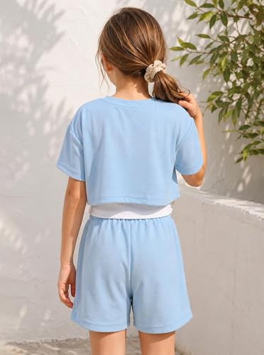 Image of Girl's Summer 3 Piece Outfits Graphic Short Sleeve Crop Top Cami and Shorts Clothes Set