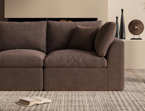 110" Cloud Sectional Couches for Living Room, Boneless L-Shape Couch with Ottoman, 3 Seater Modular Sectional Sofa, Brown