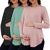 Liu & Qu 3 Packs Womens Maternity Shirts Split Side Long Sleeve Pregnancy Tops Loose Fit Casual Maternity Clothes, Pink+Green+Black, M