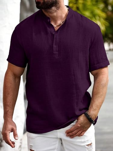 Image of Men Shirt | Black Textured Cotton Blend | Regular Fit Casual Shirt | Half Short Sleeve | Mandarin Chinese Collar | Button Down | Summer Office Wear | Stylish Shirt for Men