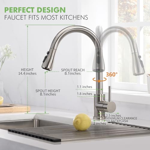 VFAUOSIT Kitchen Faucets, Kitchen Sink Faucet with Pull Down Sprayer Brushed Nickel Stainless Steel Modern High Arc Single Handle Single Hole Pull Out Kitchen Faucet for Bar Laundry rv Utility Sink