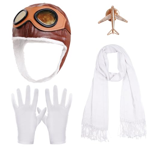 HOVEOX 4 Pieces Aviator Costume Accessories Aviator Hat Scarf Brooch Gloves for Halloween Party (Brown)