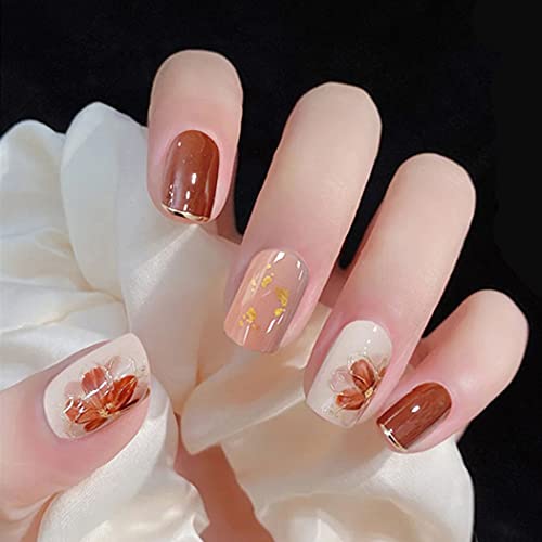 Sethexy Square Glossy False Nails Pearl Shell Press on Nails Acrylic Short Fake Nails Party Nail Tips for Women and Girls (Flower)