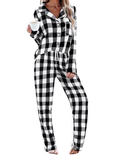 Ekouaer Womens Pajama Sets 2 Piece Cotton Plaid Pjs Long Sleeve Sleepwear Button Down Lounge Set...