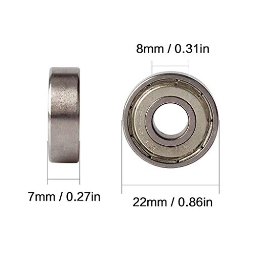 JZZJ 608 ZZ Rodamiento de bolas de plata con rodamiento de placa larga, adecuado para ABEC, rodamiento sellado sin fricción, 8 piezas (8 mm x 22 mm x 7 mm) para patines, patinetas y scooters