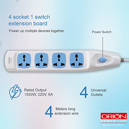Image of Orion Extension Board 4 Meter | 4+1 Power Link with 4 Universal Sockets | Heavy Duty Extension Cord for Home Appliances | Master Switch & LED Indicator | Copper Wire, Safety Shutter