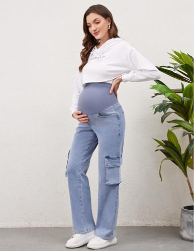 Image of PACBREEZE Women's Maternity Jeans Cargo Straight Leg Relaxed Jeans Over Belly Comfy Denim Pregnancy Pants, S-XXL (Light Blue, Small)