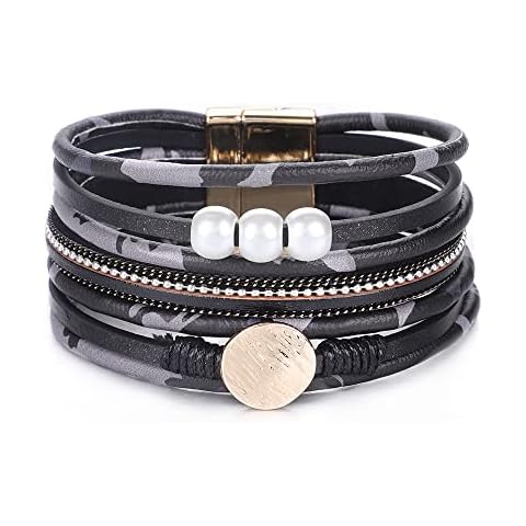 KSQS Multi-layer Leather Wrap Cuff Bracelet, Boho Wide Braided Buckle Bracelets for Women, Waterproof Leather Wristband Bangles(#46) Cover