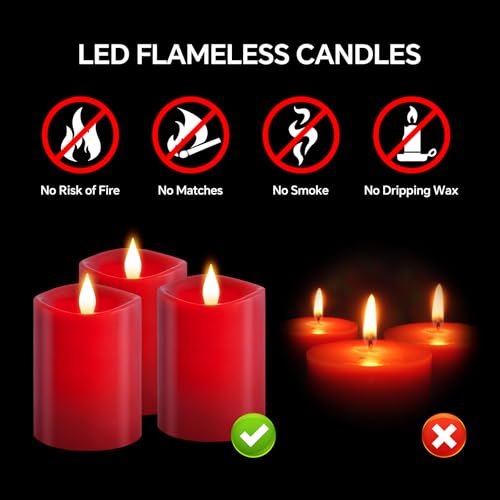 Image of 3x4 Flickering Flameless Candles Set of 3,Real Wax Pillar led Candles Flickering,4 inch Flameless Candles with Remote,for Party Wedding Holiday Home Decor,Red