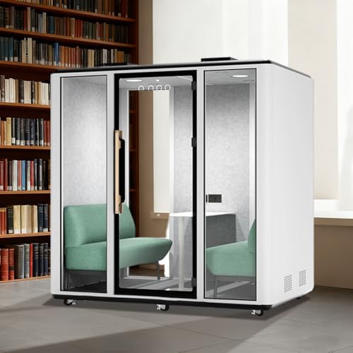 VESTAEL Mobile Office Pod Booth, Extra Large Space Sound Proof Office Pod for 4 People, Sound Booth with Mobile Roller, LED Lighting System, Fans and AC USB Ports (White)