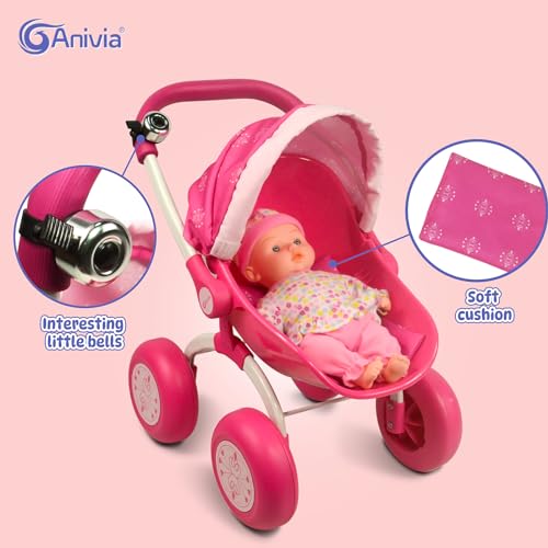 ANNIVIA Baby Doll Stroller - Metal Fold Up and Down Pram Carriage for Dolls