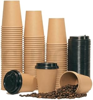 CUPCO | 8oz (250ml) Disposable Bio Paper Coffee Cups [Set of 100 Pieces Paper Cups + Free 100 Plastic Lids] Single Wall Kraft Brown Bamboo Eco Takeaway Cups for Beverages, Parties, Wedding, Birthdays