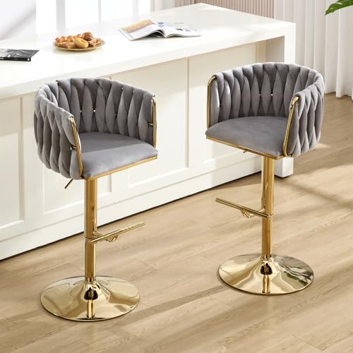 Lessmore 360°Velvet Swivel Bar Stools Set of 2,Gold Bar Stool Set of 2 with Woven Backrest, Modern Adjustable Counter Height Bar Stool with Arm Upholstered Kitchen Stools for Pub, Dining Room(Grey)