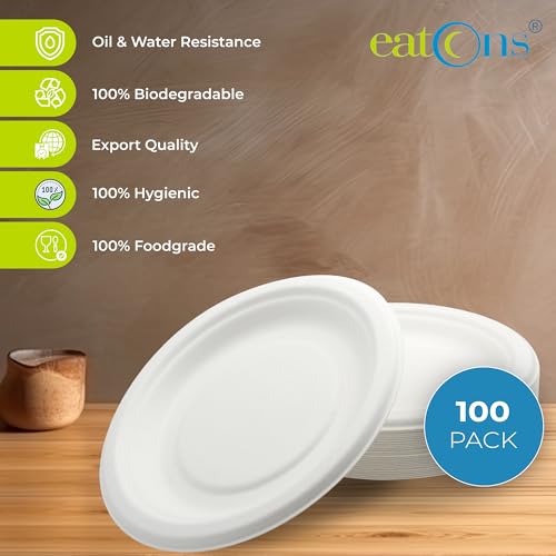 Image of EATONS 10 inch, 100 Pack Disposable Bagasse Plates | Eco-Friendly, Disposable Plates Big Size | Dinner Paper Plates | Birthday, Wedding & Party | Round, White