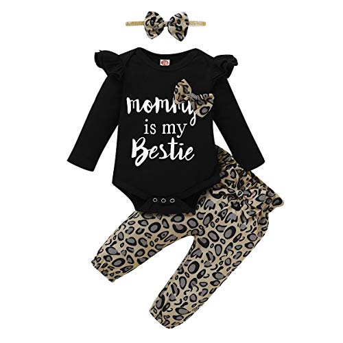 3PCS Baby Girls Clothes Newborn Outfits, Infant Romper Long Sleeve Ruffle Onsies Jumpsuit Floral Pants Headband Cute Toddler Casual Set(Black,12-18 Months)