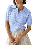 Imily Bela Women's Cable Short Sleeve Sweaters Tops Solid Lapel V Neck Knit Casual Soft Pullover Shirt Light Blue