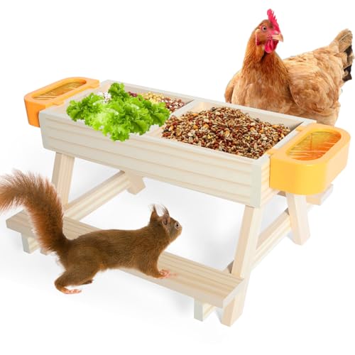 GIFANK Chicken Feeder and Waterer Set No Waste Wooden Picnic Table with Water Bowls Chicken Coop Feeding Table for Poultry Chicks Duck Goose Squirrel Turkey