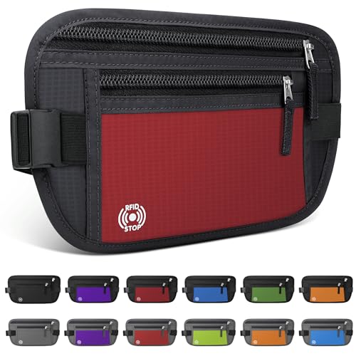 Image of Travel Money Belt, Passport Holder with Anti Theft RFID Protection, Slim Travel Wallet for Women & Men, Travel Fanny Pack for Travel Essentials,Black&Red