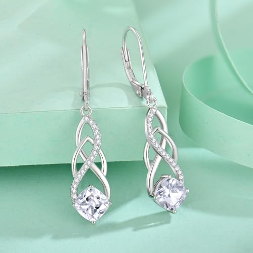 Princess Cut Drop Dangle Earrings 925 Sterling Silver Celtic Knot Leverback Earrings Birthstone Infinity Jewelry Gifts for Women4