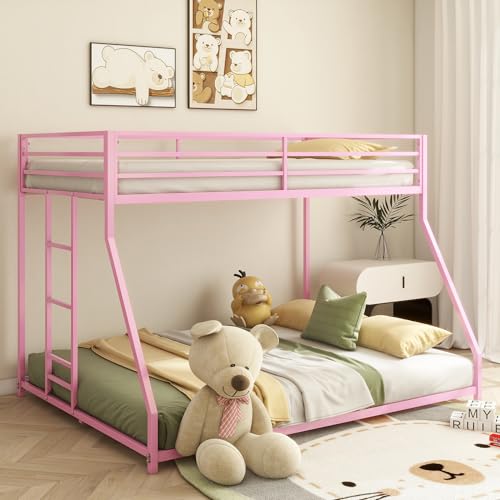 LIFE SKY Home Bunk Beds for Kids - Twin Over Full Metal Bunk Bed for Small Bedroom - Low Profile for for Multi-Child Families Girls Aged 6-12 Pink