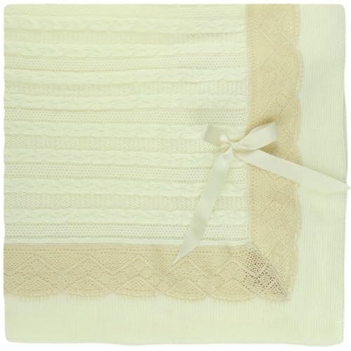 Luxury Spanish Knit Baby Blanket for Boys and Girls with Intricate Lace Trim – Timeless Keepsake. 39'' x 41'' (Beige)