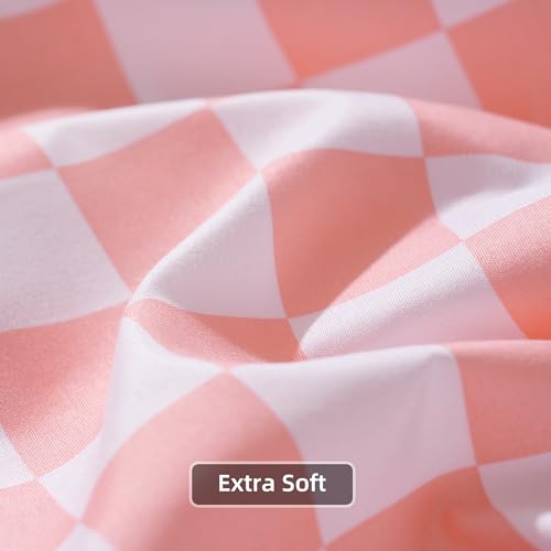 Image of Best Season Queen Size Sheet Set 4 Piece -Microfiber Soft Durable Bedding Sheet Set,Deep Pocket,Stain,Fade & Wrinkle Resistant (Plaid Coral&White)
