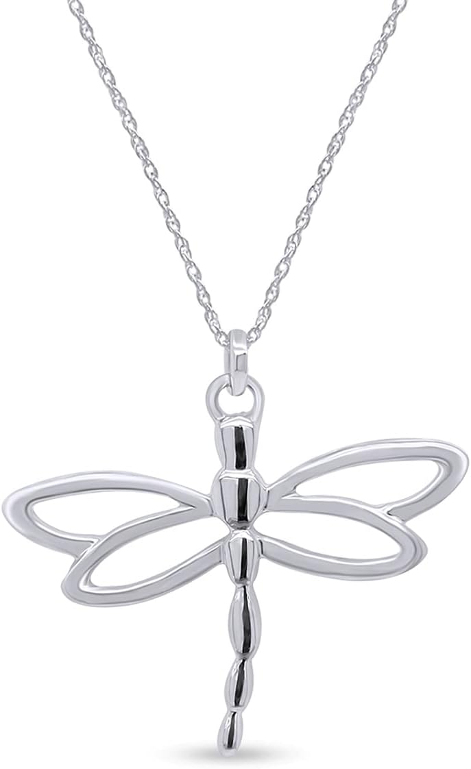 Dragonfly Insect Charm Pendant Necklace Jewelry For Women In 14K Gold Plated Sterling Silver Along With 18" Silver Rope Chain