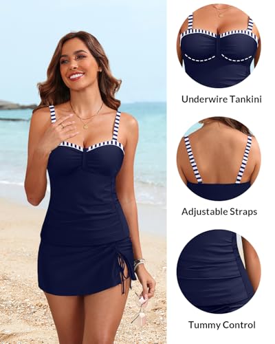 Image of Yonique Womens Tankini Swimsuits with Skirt Two Piece Ruched Bathing Suits Push Up Swimwear XS-XXL