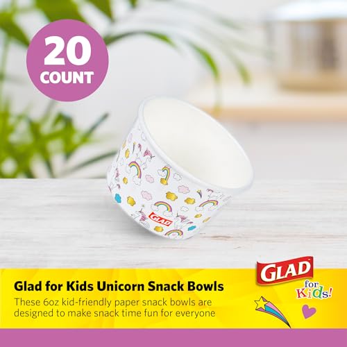 Image of Glad for Kids Unicorn Paper Mini Snack Bowls, Lids Not Included - Heavy Duty Disposable Snack Cups with Unicorn Print, No Lids Included, 6 Ounce, 20 Count
