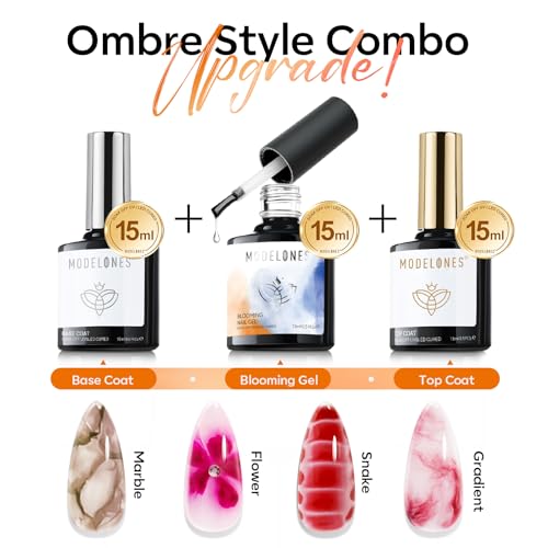 Image of modelones Gel Base Top Coat Set with Blomming Gel, 3 Pcs 15ML Clear Tortoise Bloom Marble Aura Painting Nail Art No Wipe Super Shiny Top Base Coat Soak Off U V DIY Manicure Gift for Women