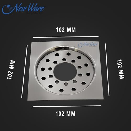 Image of NEW WARE Square 4x4 Inch Stainless Steel Bathroom Jali Trap Floor Drain with Center Hole | Heavy Duty Chrome Finish Water Drain Grating | Rust Proof Anti Clog Drain Cover for Bathroom Kitchen Balcony