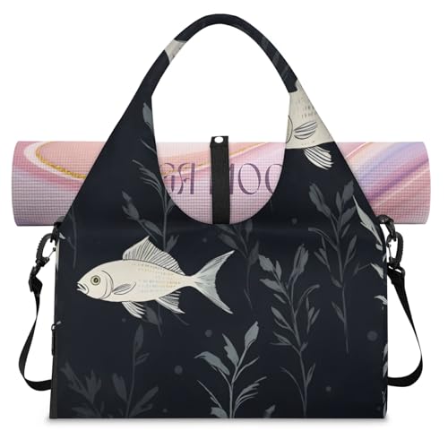 Yoga Tote Bag for Women Fish Pattern Beach Bag with Shoe Storage & Yoga Mat Strap Waterproof Weekender Duffle Bag for Travel Fitness Weekend Trips