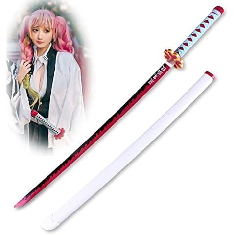 LIUD Demon Slayer Sword Kanroji Mitsuri Katana Sword Wood Demon Slayer Blade COS Bamboo Wooden Samurai Sword Katana Anime Lovers Handmade Toy Knife Replica Swords/41'', Multicolor Cover